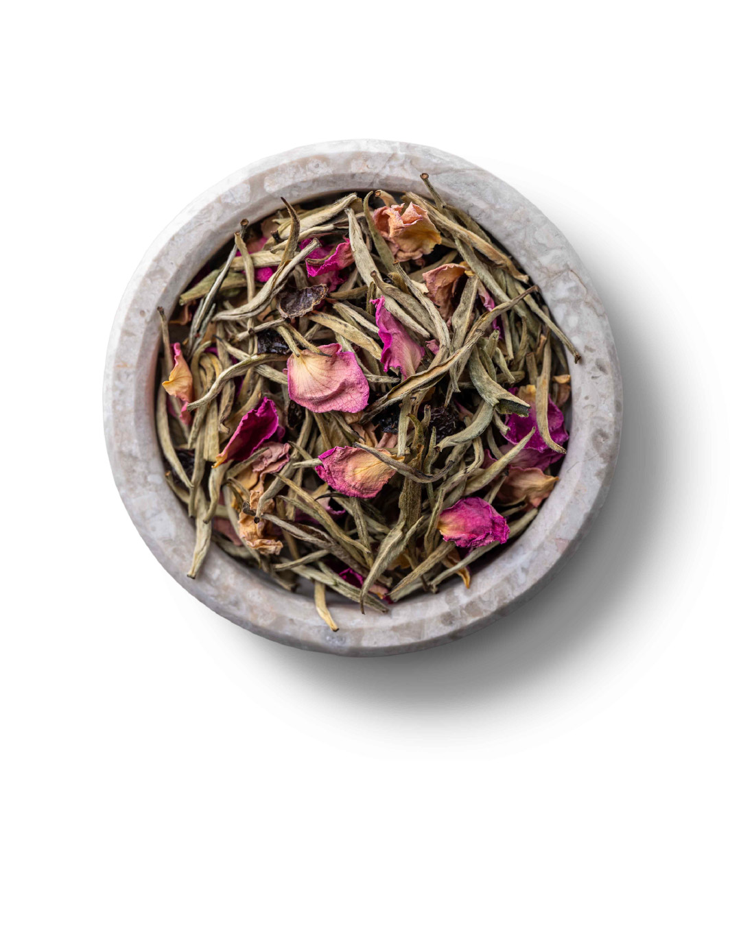 Radiant silver needle tea, infused with <br> delicate notes of sweet organic Kenyan rose.
